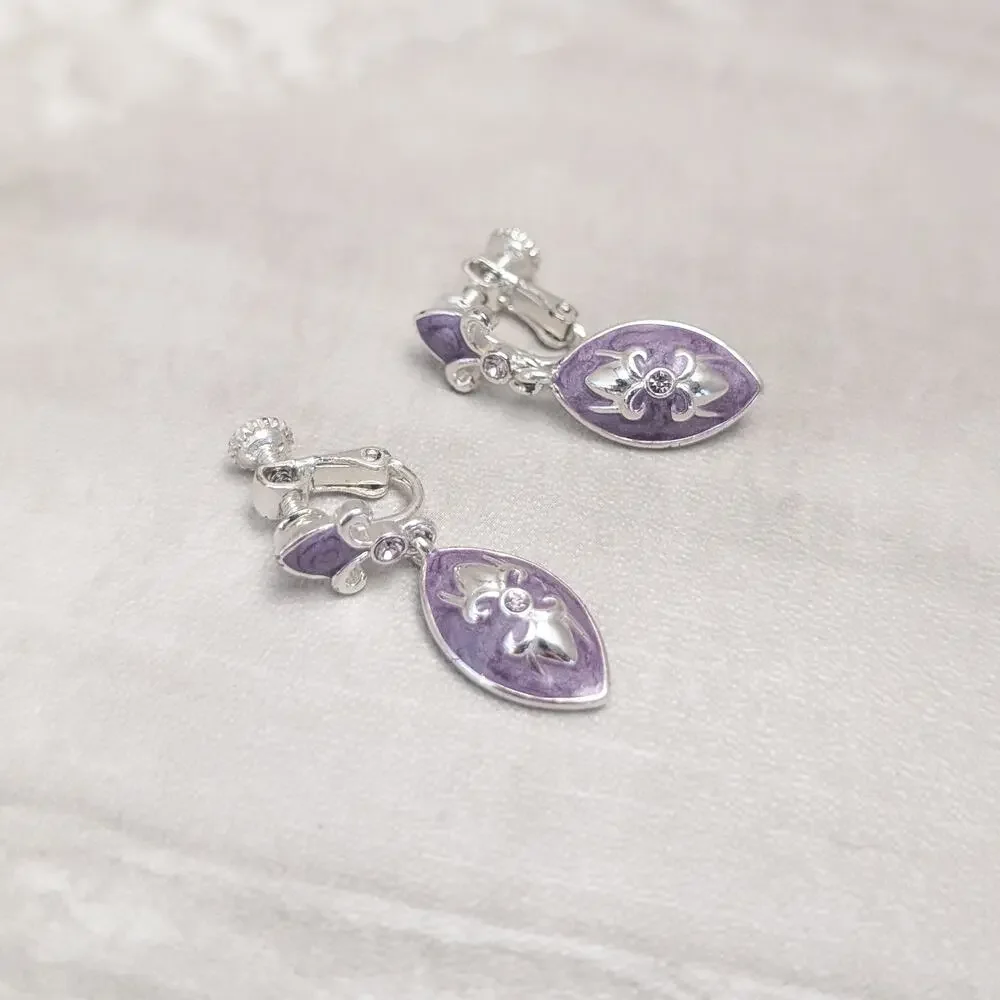 Vintage Clip On Earrings Purple & Silver Tone Fleur De Lis Like Dangle Drop